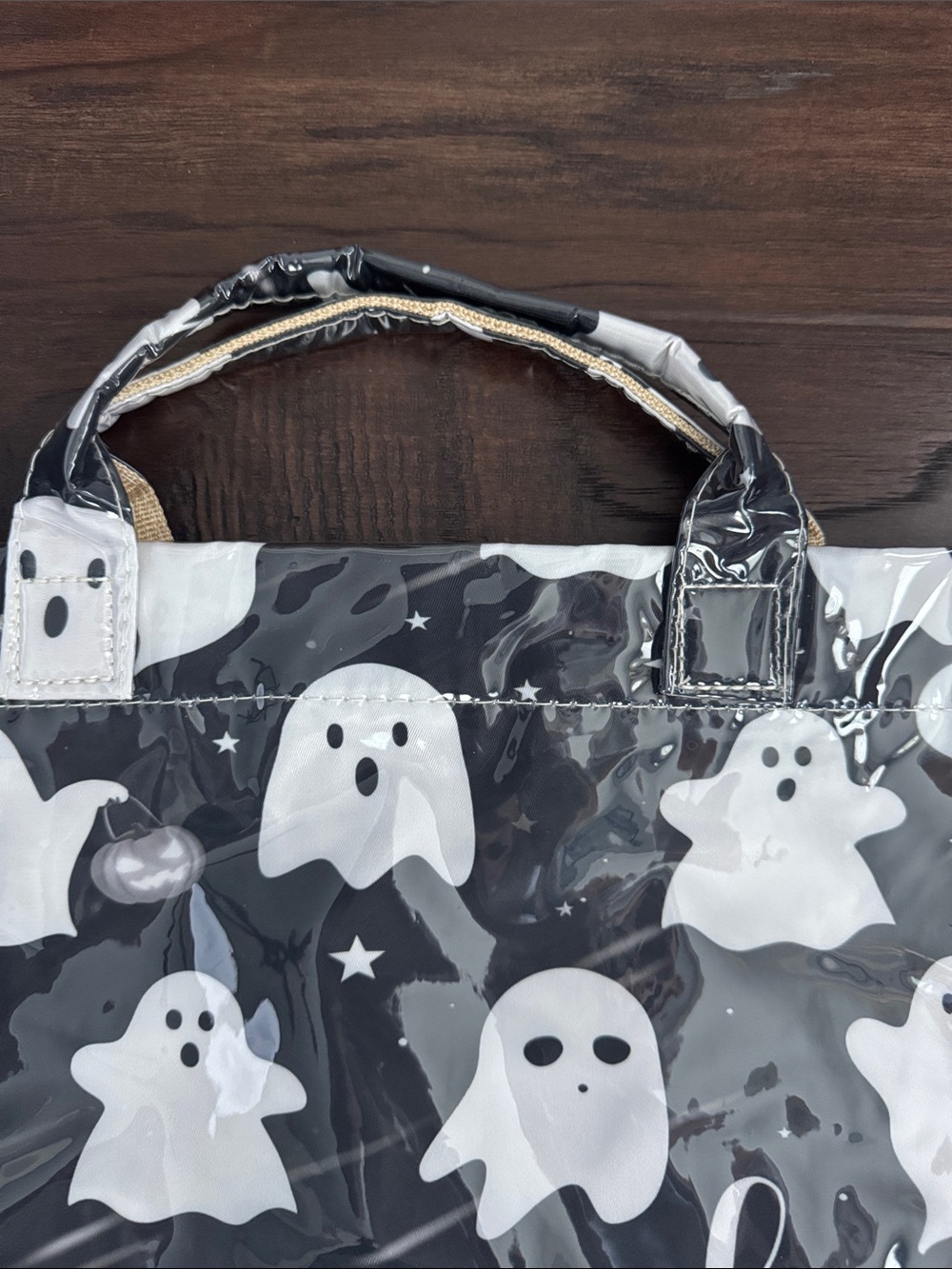 NWOT Halloween Spooky Ghost Print Tote Bag - Black & White PVC - Picture 3 of 8
